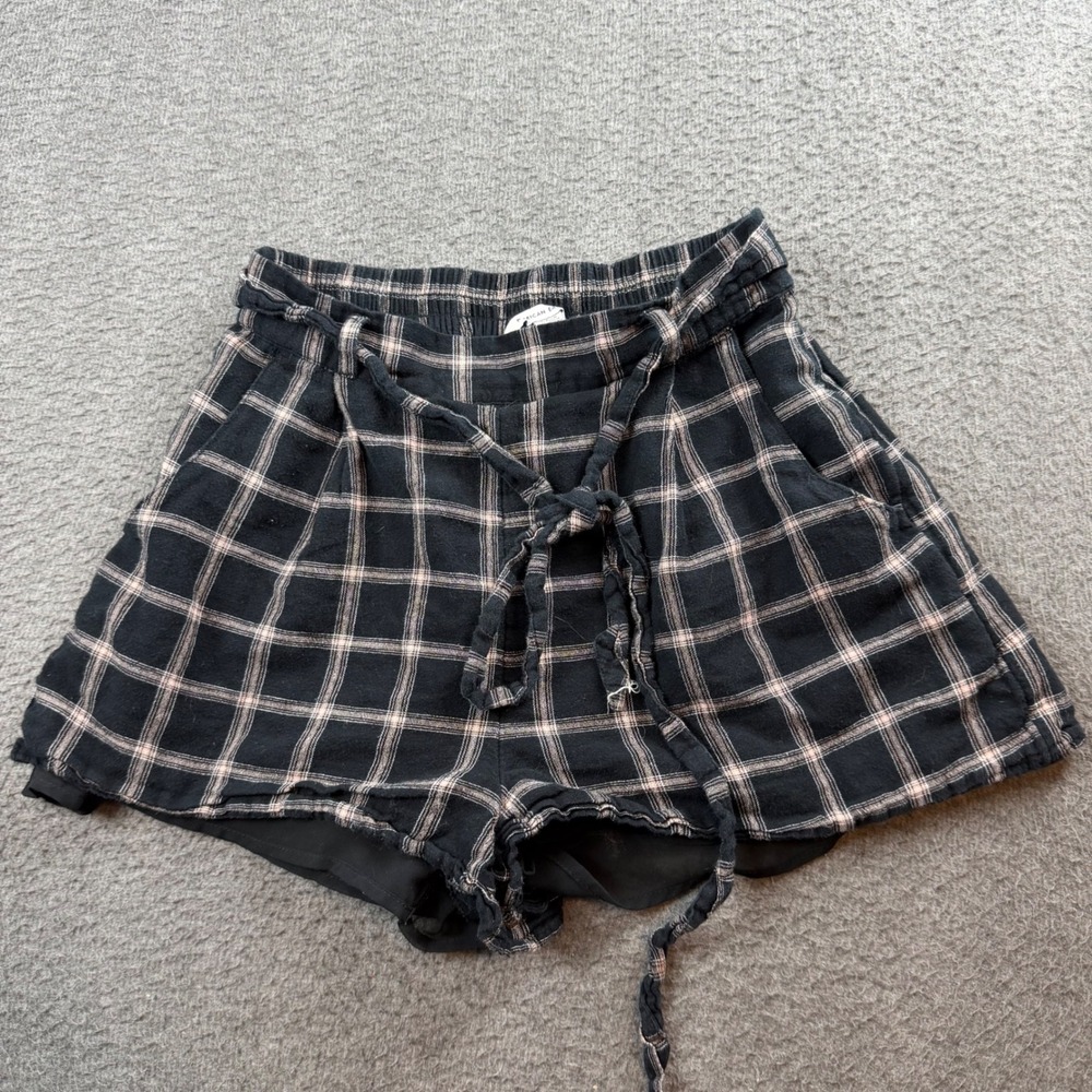 American Eagle Plaid Shorts Women's Small Black Cotton Linen Tie Waist Pocket